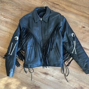Vintage Black Fringe Leather Motorcycle Jacket by Whitewater Outdoors Small